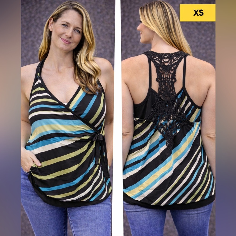 Crochet-Back Striped Wrap Tank Top - Black/Multi XS